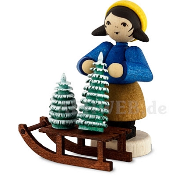 Weihnachtsbaumverkäuferin am Schlitten, gebeizt
