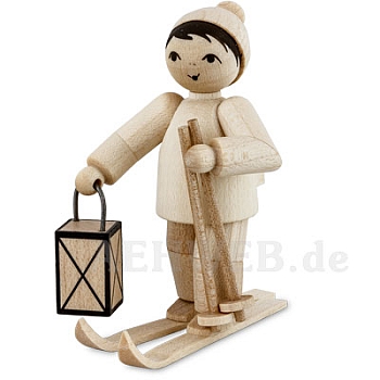 Night cross-country skier with lantern, natural wood