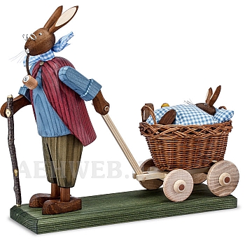 Easter Hare Grandpa with baby bunny blue in handcart
