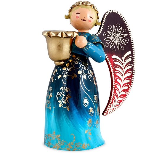 Richly painted Angel with candle holder large blue