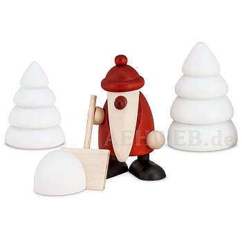 Set 4 Santa Claus with snow shovel and two winter trees