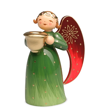 Angel richly painted green with candleholder small