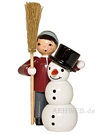 Junge mit Schneemann und Besen lila
