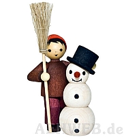Junge mit Schneemann und Besen gebeizt
