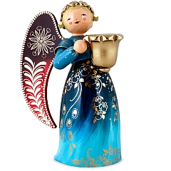 Richly painted Angel with candle holder large blue